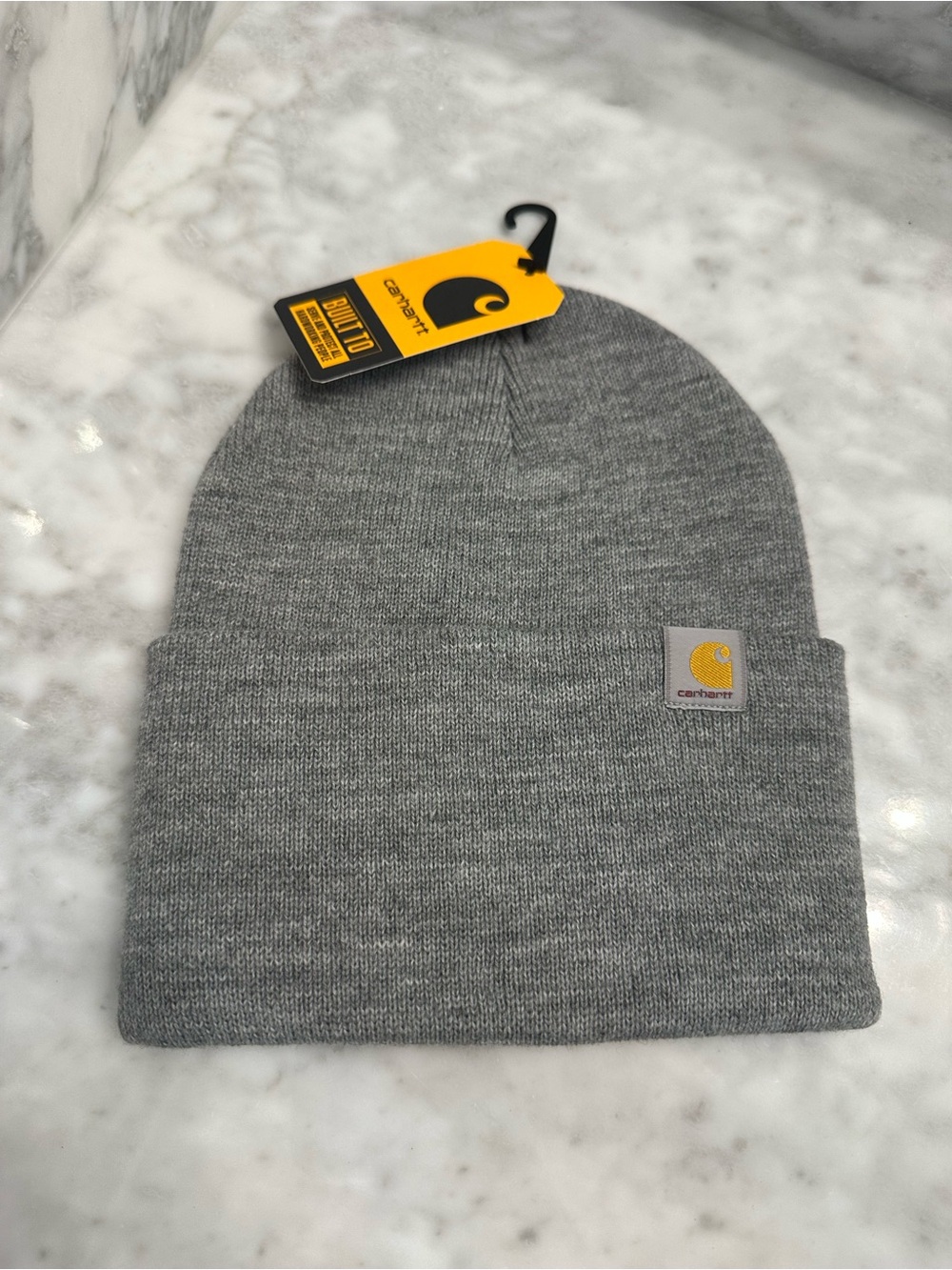 Carhartt Gray Cuffed Knit Beanie with signature Yellow Logo Patch